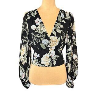 ASTR The Label Dark Floral Blouse Top Sz.XS Black Sheer Sleeves Cropped
